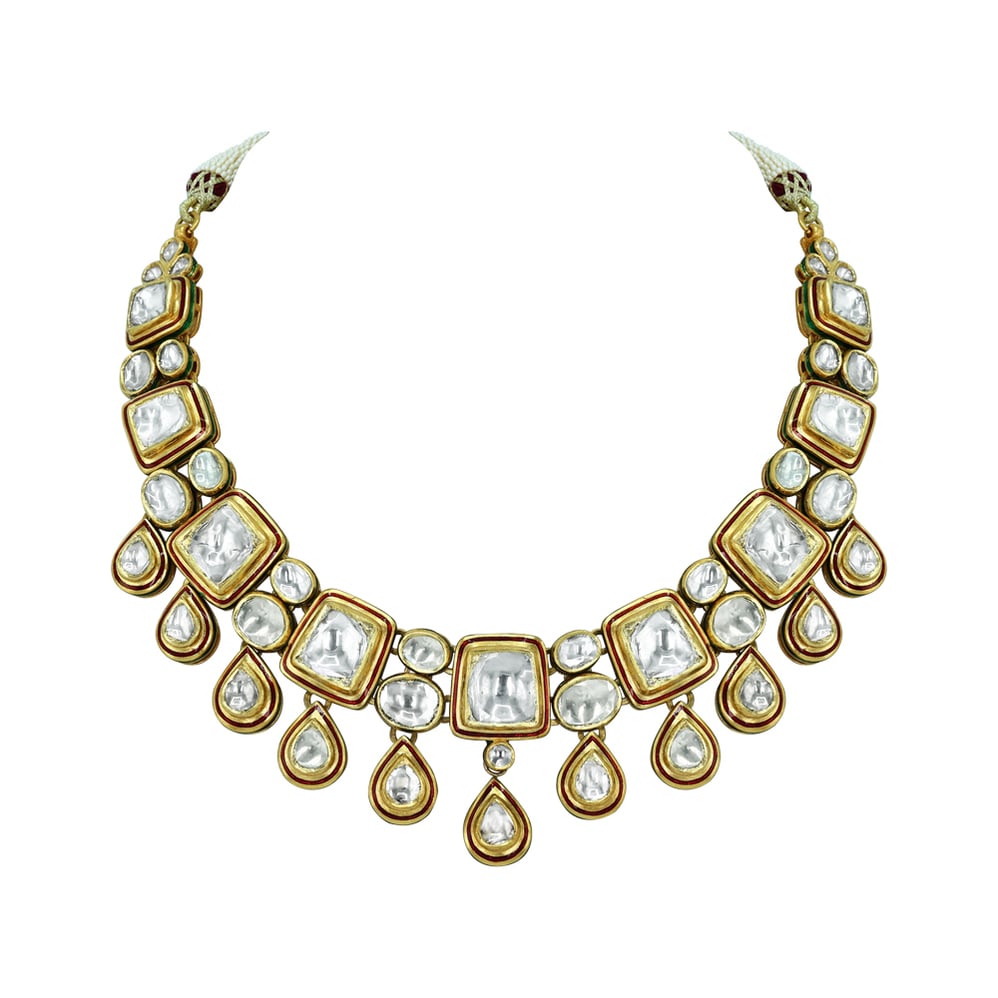 Polki Necklace with Cascading Teardrop and Square Motifs